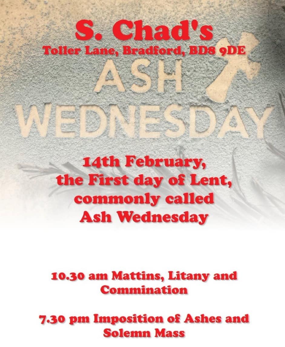 Everyone is welcome to join us at @SChadTollerLane on Wednesday 14th February 2024, for our Ash Wednesday's Services - also the first day of #Lent. @polly_speight @BishopWakefield @AndyJolley1 @toby_howarth @bradfordwest_ @chrischorlton @clareleighton @DaineExley33320 @LeedsCofE