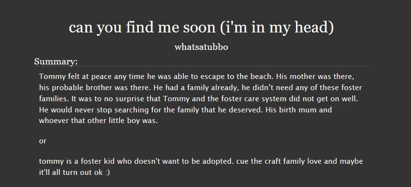 SbiFics's tweet photo. can you find me soon (i'm in my head) by whatsatubbo

https://t.co/CdElqEEZdx

Warnings: Implied/Refrenced Child Abuse

Words: 6628

Completed 🌸
🦝 https://t.co/zjnDgESRtF