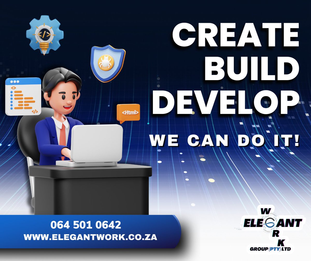 ElegantWork_G's tweet image. Create, Build, Develop. We can do it!  Whether it's social media management, website development, or more, we've got you covered. Contact us at 0645010642 or visit elegantwork.co.za to learn more. Let's bring your ideas to life! #ElegantWork #CreateBuildDevelop #WeCanDoIt