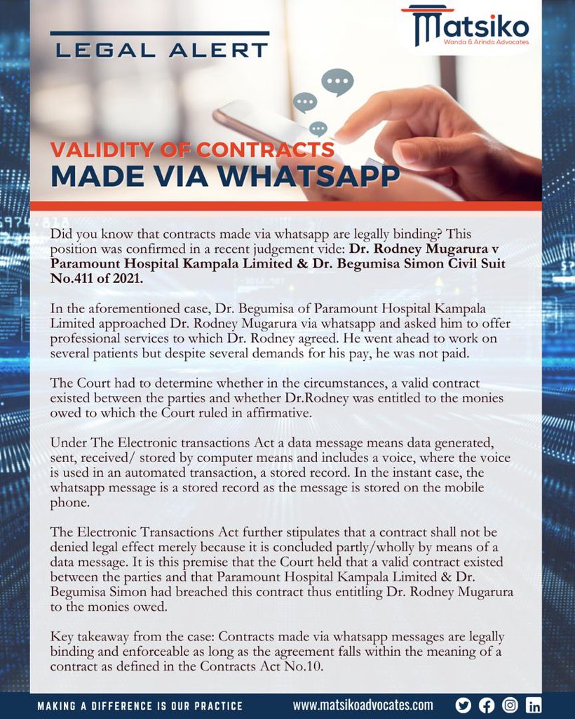 Ugandan High Court recognizes validity of contracts made via WhatsApp!
#contractlaw #commerciallaw #uganda #lawyer