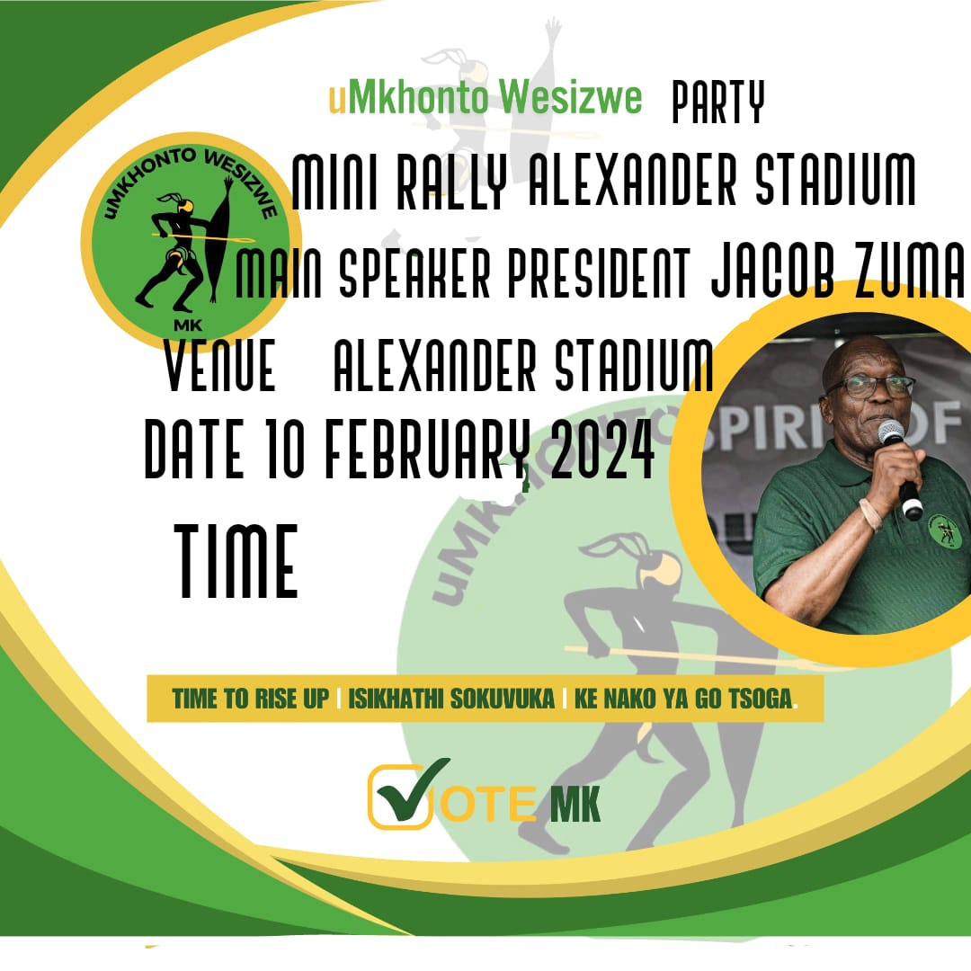 carorostar's tweet photo. Umkhonto WeSizwe Party Rally
Venue: Alexander stadium
Date : 10 February 2024
Time : 9 am
#registertovotemk
#phakamanxamalala
#umkhontowesizwe
#voteumkhontowesizwe2024 https://t.co/DC4HJkYzra
