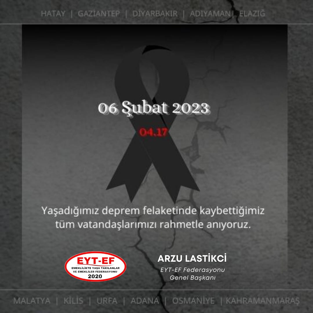 #AsrınFelaketi 
#6Şubat2023

Saat 04.17 de 11 ilimizde yaşanan deprem felaketinin Yıldönümünde, hayatını kaybeden Vatandaşlarımıza Allah'tan Rahmet diliyoruz.

Yaşanan büyük acıyı ve kederi Unutmadık. Unutturmayacağız.

#Deprem 
#16MilyonEmekliSesleniyor
#EYT5000Kısmiyiİstiyor