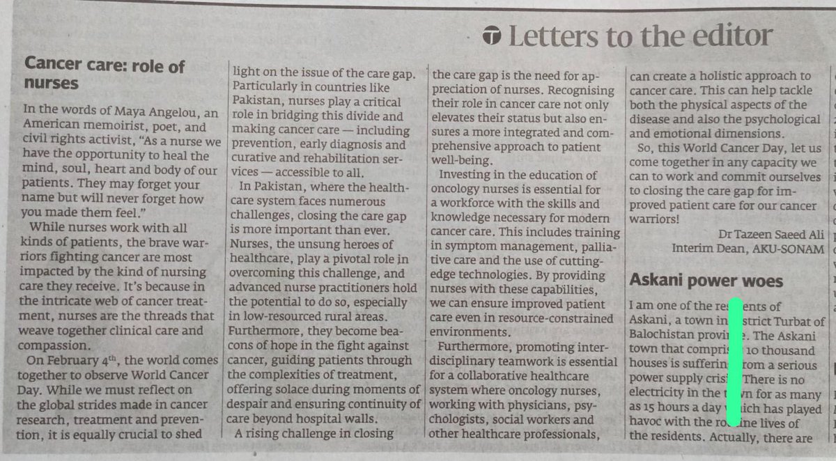 Dr Tazeen Saeed Ali (@tazeensaeedali) on Twitter photo My op-ed published in <a href="/etribune/">The Express Tribune</a> on #WorldCancerDay. The role of nurses is essential in #ClosingTheCareGap! Do give it a read ⬇️ My op-ed published in <a href="/etribune/">The Express Tribune</a> on #WorldCancerDay. The role of nurses is essential in #ClosingTheCareGap! Do give it a read ⬇️