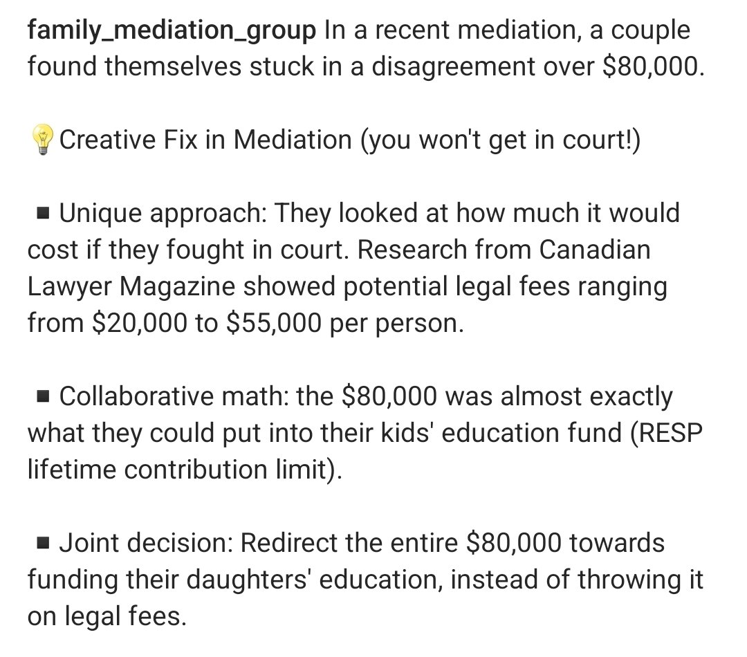 Court battles never made anyone richer. And it's not the place for creative fixes.

In contrast, #mediation is about finding unique &amp; smart solutions that suit you, not just following the legal rules. After all, life doesn't always fit into a courtroom box.
__
#divorce #parenting