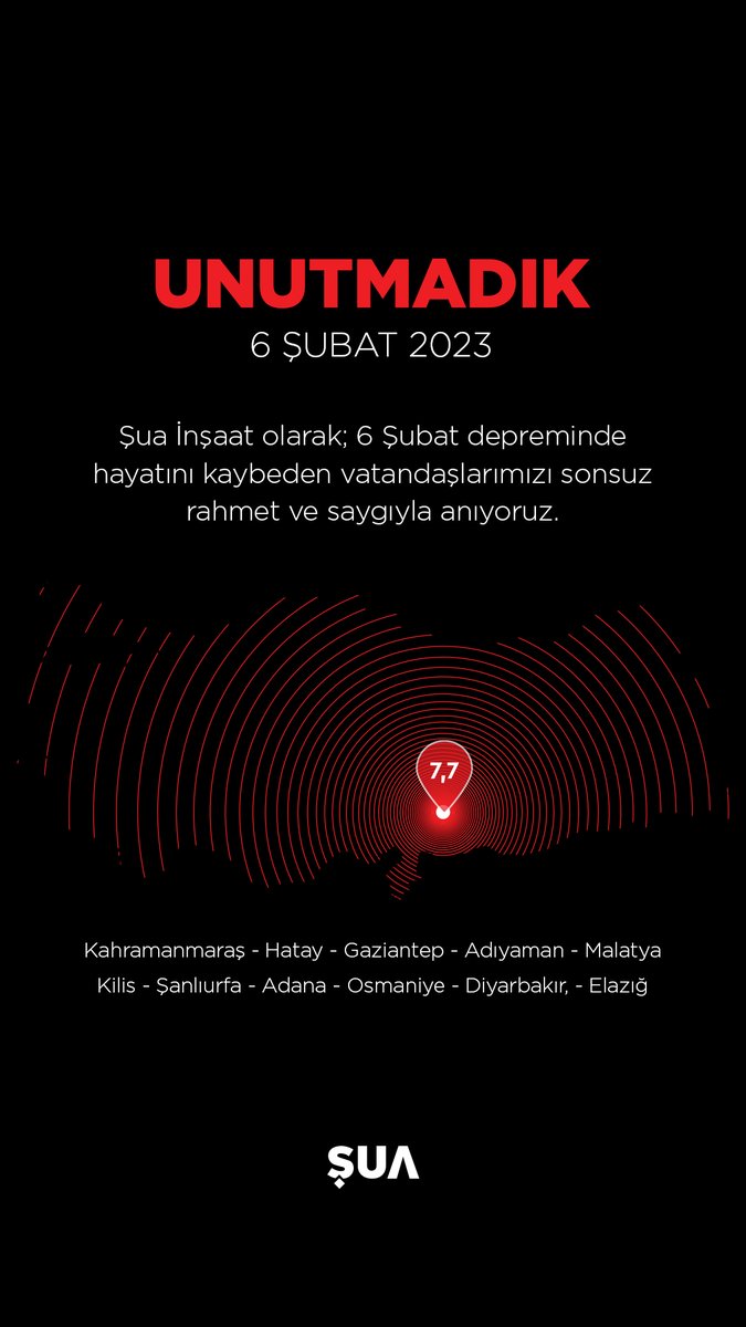 6 Şubat 2023 tarihinde yaşadığımız deprem felaketinde hayatını kaybeden vatandaşlarımızı saygı ve rahmetle anıyoruz.