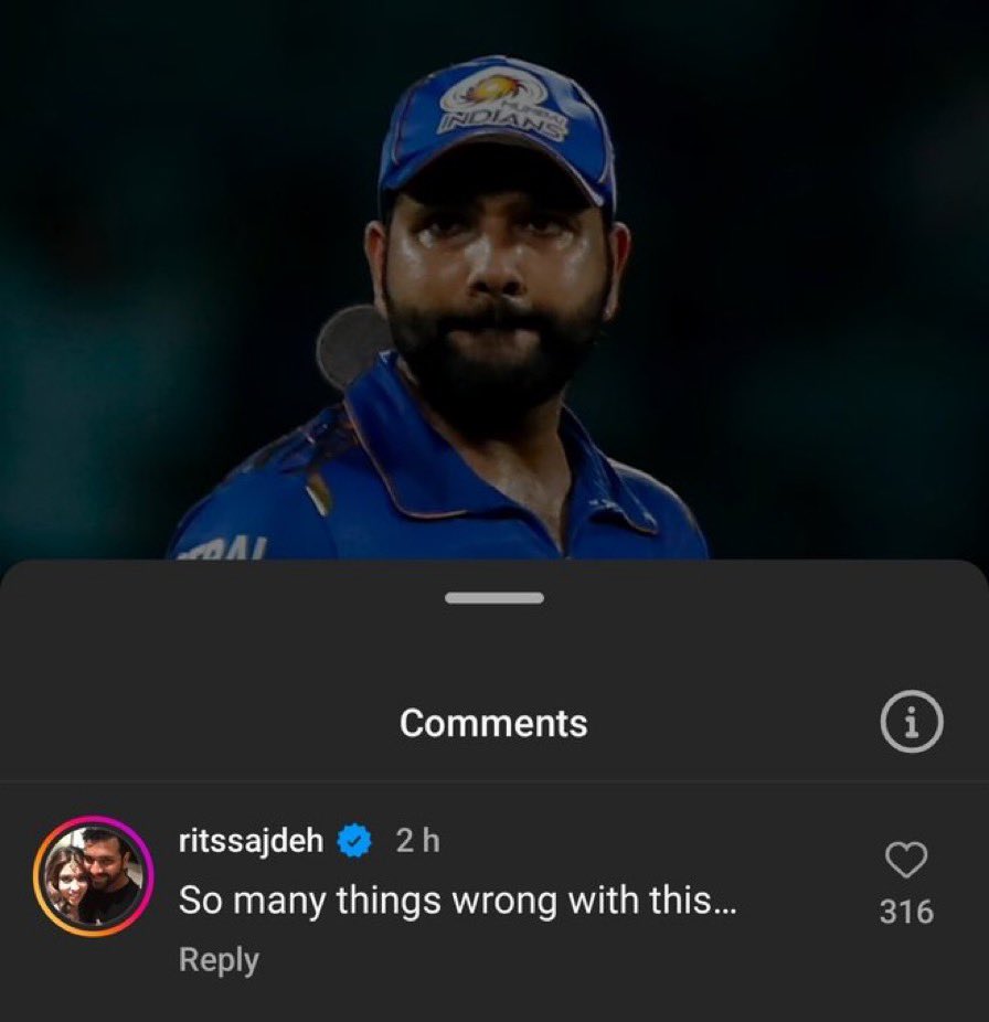 Ritika Sajdeh's comment on Mark Boucher's interview talking about Hardik Pandya taking over MI captaincy.

This looks so unprofessional but none cares, if it was Anushkha people would have dragged her left right..