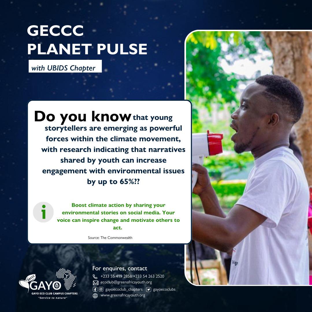 Young voices are changing the climate game! Studies show youth stories boost environmental engagement by 65%. Your narrative could drive action. 

#PlanetPulse #YouthForClimate #StorytellingForChange