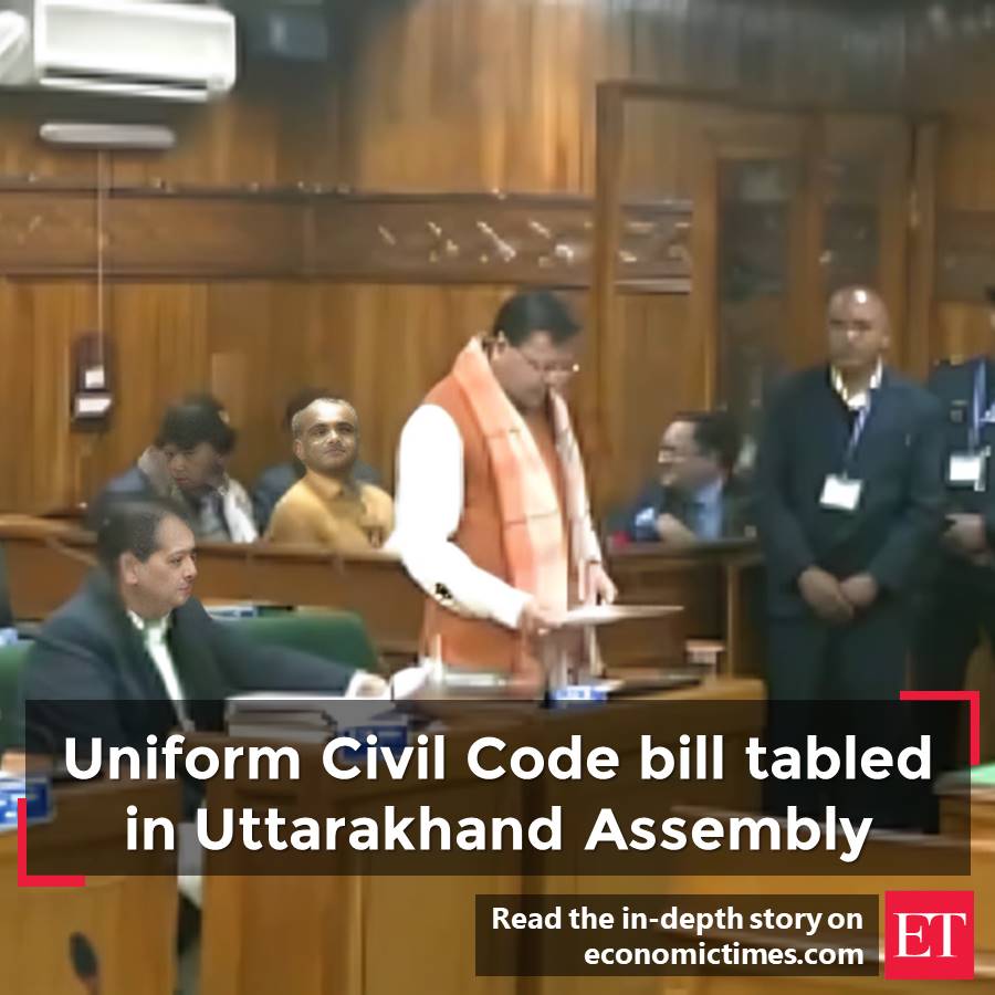 EconomicTimes's tweet photo. #UniformCivilCode bill — which proposes uniform #marriage, #divorce, #land, #property and #inheritance #laws for all #citizens irrespective of their #religion in Uttarakhand — was tabled in the state assembly on Tuesday. The bill will now be debated in the assembly before being passed. 
https://t.co/DRgZpQuIyD
#UCC