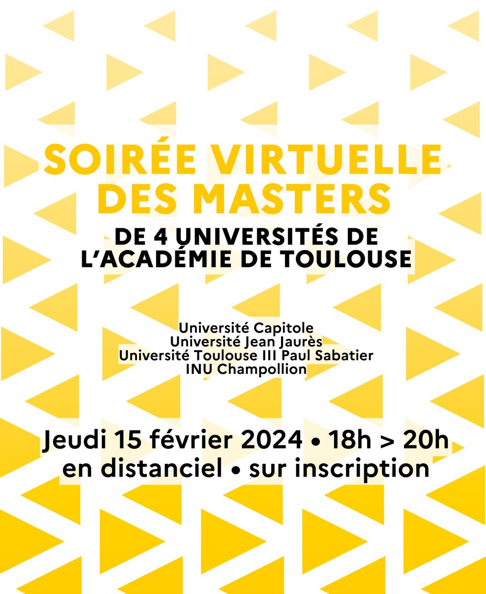 Université de Toulouse (@univ_toulouse) on Twitter photo 🌙 Participez à la soirée virtuelle des masters pour explorer depuis chez vous l’offre de formation de 4️⃣ universités de l’<a href="/actoulouse/">Académie de Toulouse</a> : <a href="/UT3PaulSabatier/">UT3 Paul Sabatier</a>, <a href="/UTCapitole/">Université Toulouse Capitole</a>, <a href="/UTJeanJaures/">UT Jean Jaurès</a>, <a href="/UnivChampollion/">INU Champollion</a>.
📅 Jeudi 15 février, 18h>20h
📍 En distanciel
➡️ welcomedesk.univ-toulouse.fr/actualites/soi… 🌙 Participez à la soirée virtuelle des masters pour explorer depuis chez vous l’offre de formation de 4️⃣ universités de l’<a href="/actoulouse/">Académie de Toulouse</a> : <a href="/UT3PaulSabatier/">UT3 Paul Sabatier</a>, <a href="/UTCapitole/">Université Toulouse Capitole</a>, <a href="/UTJeanJaures/">UT Jean Jaurès</a>, <a href="/UnivChampollion/">INU Champollion</a>.
📅 Jeudi 15 février, 18h>20h
📍 En distanciel
➡️ welcomedesk.univ-toulouse.fr/actualites/soi…