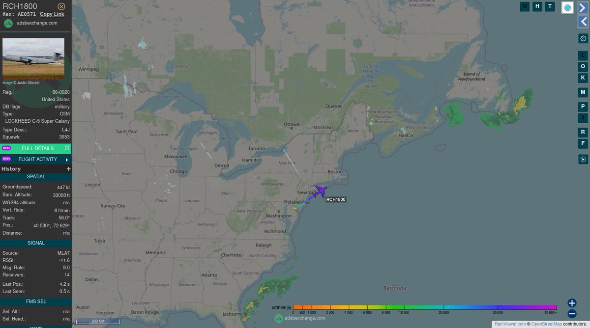 TheIntelFrog's tweet photo. US Air Force C-5M Super Galaxy #AE0571 as RCH1800 is outbound from Dover AFB, DE to Ramstein AB, Germany. https://t.co/ORczMXjCKY