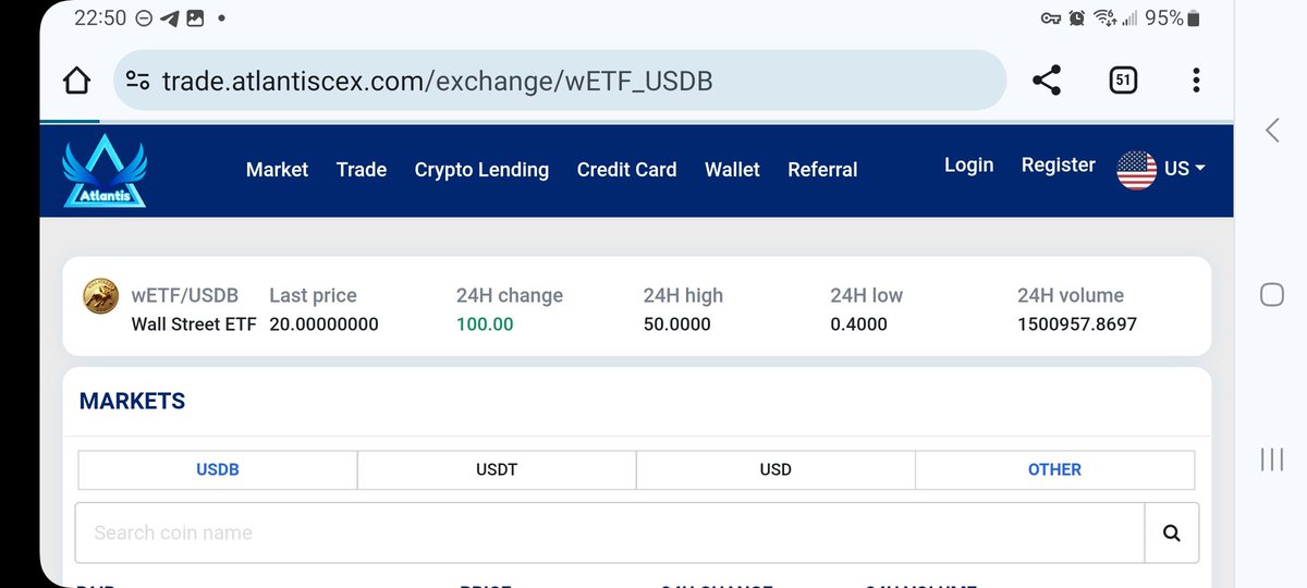 Atlantis_Ex's tweet photo. 📣 $wETF Skyrockets by 12,500% on Atlantis Exchange, Hits $50/wETF in First-Day Trading! 🚀🚀🚀

✅ Max Increase: 12,500.00%

✅ Highest Price: $50.00

✅️ Starting Price: $0.40

✅️ Trading Pair:  wETF / USDB

✅️ Trading URL:  https://t.co/3aTLkyP628

✅️ C/A: 0x435e50945B861018A3D8c3eb79Eb3b23d2F1BD49

✅️ Standard/s: ERC-20

        📌 Important Notes:

✅  Wall Street ETF ($wETF) is a pioneering utility coin, addressing crypto investors' evolving needs. It offers a distinctive investment opportunity in the crypto market. Notably, wETF is a cryptocurrency only, not an SEC-approved ETF being traded on stock exchanges. It's open to all interested persons. For more information, see: @wETF_US

✅  Atlantis Exchange - Global is the FIRST disruptive international exchange with next-gen FinTech solutions. It's lawfully registered with the U.S. Department of the Treasury and the United Nations. Explore more at:  https://t.co/74K4n8jrYG

#WallStreetETF
#WallStreet
#wETF
#USDB
#Crypto
#AtlantisExchange
#LawfulExchange
#Web3
#blockchain