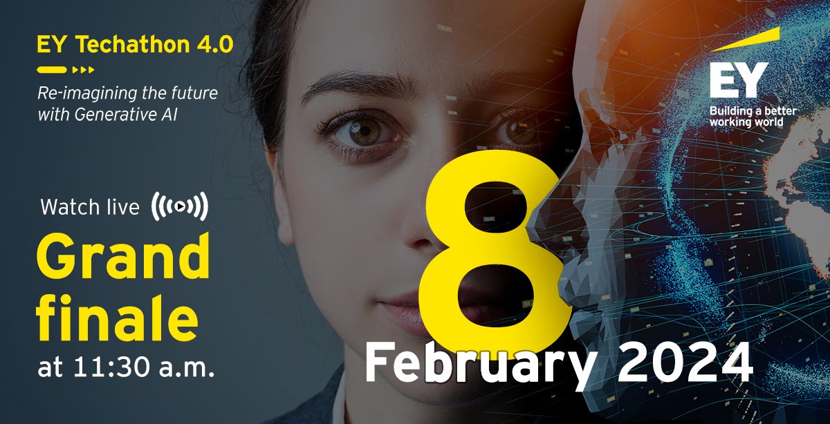 EY_India's tweet photo. Get ready for the most thrilling tech event of the year – EY Techathon 4.0. Join us live to witness the convergence of brilliant minds.
Block your calendars for 8 February 2024 to watch the live-streaming here: https://t.co/LYq4YEu230
#EYTechathon #TechConsulting #GenAI https://t.co/qbdxBck9NB