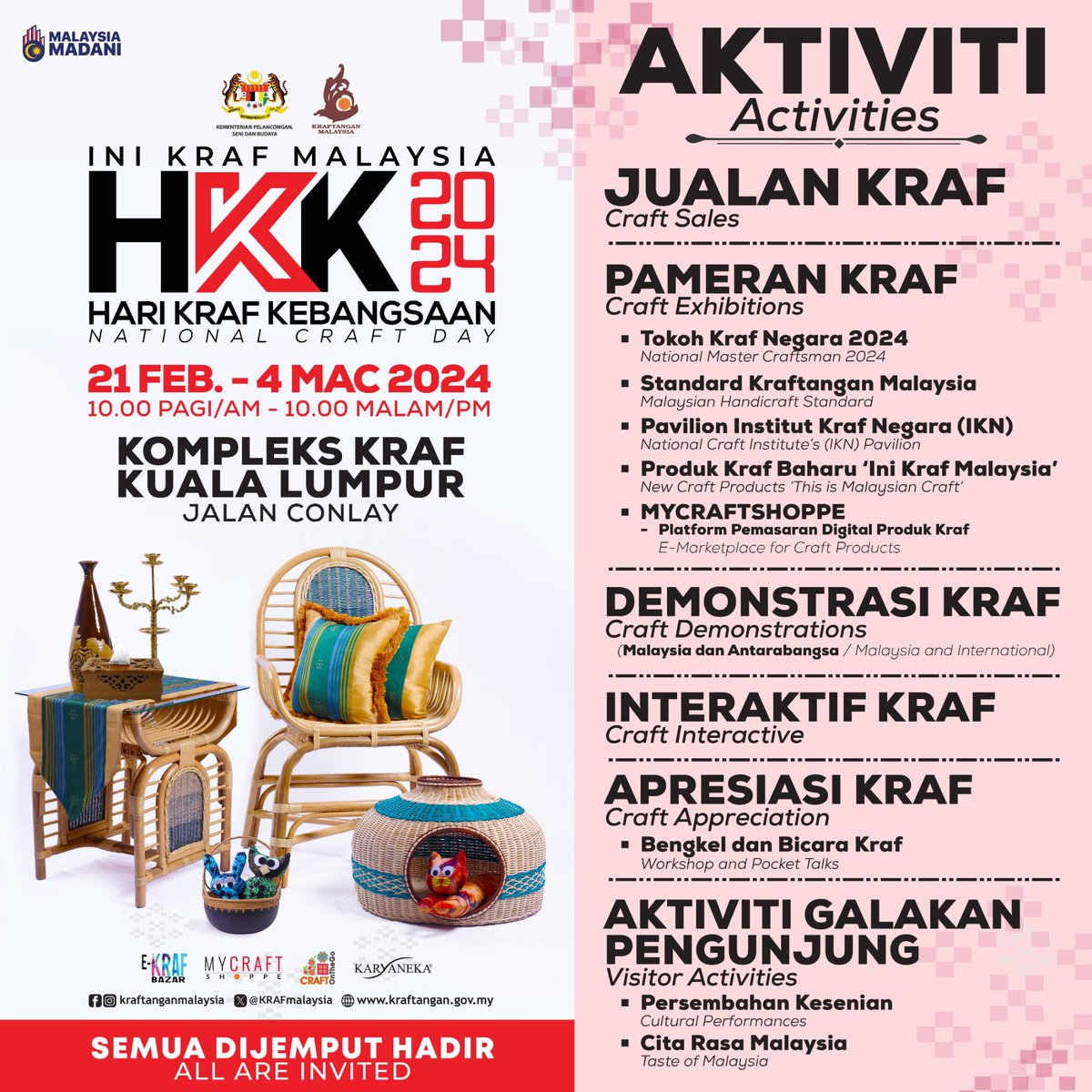 KRAFmalaysia's tweet photo. 𝑯𝒂𝒓𝒊 𝑲𝒓𝒂𝒇 𝑲𝒆𝒃𝒂𝒏𝒈𝒔𝒂𝒂𝒏 (𝑯𝑲𝑲) 2024

Kemeriahan HKK 2024 makin terasa, nantikan kepelbagaian produk kraf tempatan bertemakan ‘Ini Kraf Malaysia’ akan diketengahkan oleh usahawan dan komuniti kraf dari seluruh Malaysia. https://t.co/QSjxbn9xE1