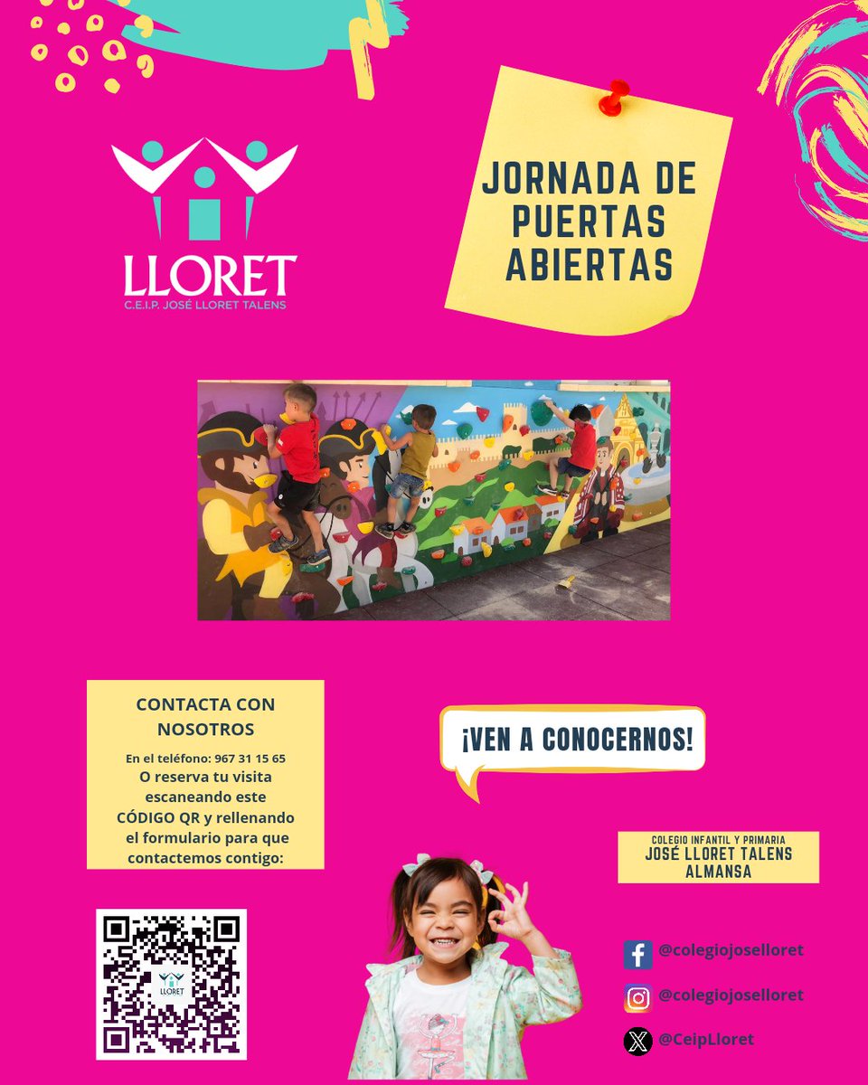 ceipjoselloret's tweet photo. ✅ ¡ Te esperamos en el Lloret! ¡Ven y conoce nuestro cole!✨
Te informaremos de todo lo que necesites. Contacta con nosotros. Puedes reservar tu visita por teléfono o escaneando el QR. ¡Estamos deseando llenar nuestros pasillos de nuevas sonrisas!😄

#Almansa https://t.co/3qD5n2ZXpP
