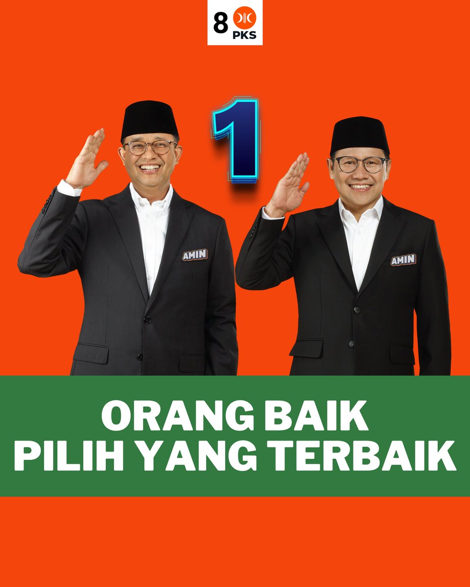 Pilihlah yang TERBAIK untuk diri kita.
Pilihlah yang TERBAIK untuk anak-cucu kita.
Pilihlah yang TERBAIK untuk bangsa dan negara kita.

Kita semua ORANG BAIK. Maka, kita pilih yang TERBAIK.
14 Februari 2024, Coblos <a href="/aniesbaswedan/">Anies Rasyid Baswedan</a> - <a href="/cakimiNOW/">A Muhaimin Iskandar</a> , No.1 🇮🇩❤️

#CoblosPKSAniesPresiden