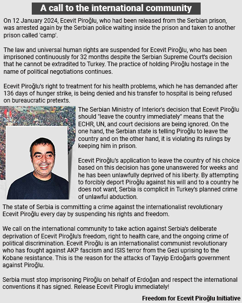 ForPiroglu's tweet photo. A call to the international community

Release Ecevit Piroğlu immediately! #Serbia
@MFASerbia @avucic @UNHCRSerbia @Refugees @UNHumanRights @UN_HRC @volker_turk @UNHumanRightsEU @ECHR_CEDH @SteKrause @Left_EU @amnesty @CommissionerHR @thijsreuten @SerbianPM @AndrejHunko @UNSerbia https://t.co/DPAqiLGvYu