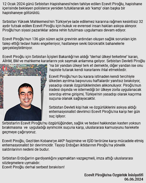 ForPiroglu's tweet photo. Uluslararası kamuoyuna çağrı

Sırbistan kişi hak ve özgürlüklerini askıya aldığı Ecevit Piroğlu'na karşı her gün yeni bir suç işliyor
@MFASerbia @ADGBAvrupa @_Civak_saz1 @medyahabertvv @aveg_kon @AtikHaber @adhk_adhkavrupa @addki1 @KCK_Kurdistan_ @sykp_avrupa @MAturkce https://t.co/6ZxjrgV6Tp