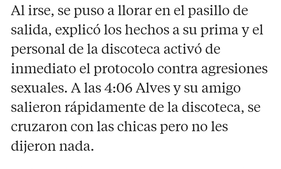 Vaya... Por lo que sea te has olvidado añadir el resto de la declaración donde dice que la OBLIGÓ a realizarle una felación, que le pegó, la tiró al suelo, la cogió del pelo y la penetró sin su consentimiento para además correrse dentro. Todo esto mientras ella le decía que