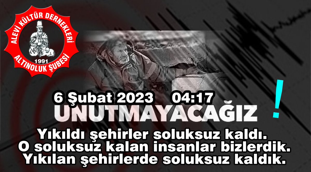 #6subat gecesinde yitirdiğimiz Adıyaman şube başkanımız Rıza Tanrıverdi ve eşi, Pir Sultan Abdal Derneği Adıyaman Şube Başkanı Zülfikar Yılmaz , Salman Savranlı, eşi torunu ve hakka uğurladığımız canları anıyoruz. Devirleri daim mekanları gönüller olsun“Unutmak yok, affetmek yok”