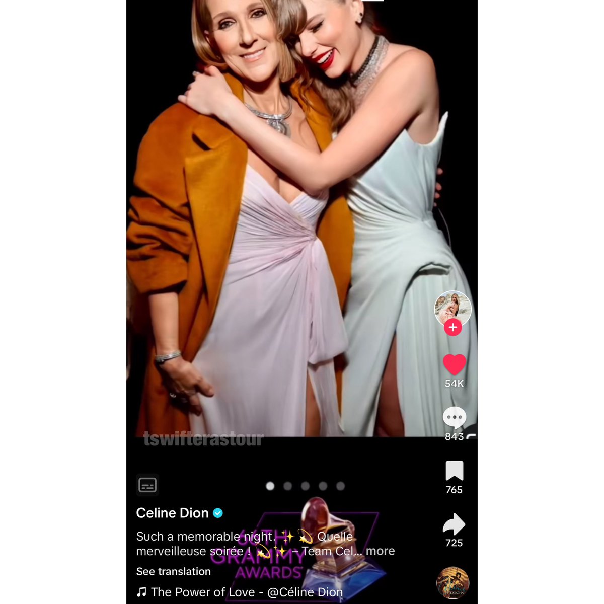 tswifterastour's tweet photo. 🚨| Celine Dion posts new TikTok including her picture backstage with Taylor Swift at the 2024 #GRAMMYs!

"Such a memorable night" https://t.co/suB5ejB5R0
