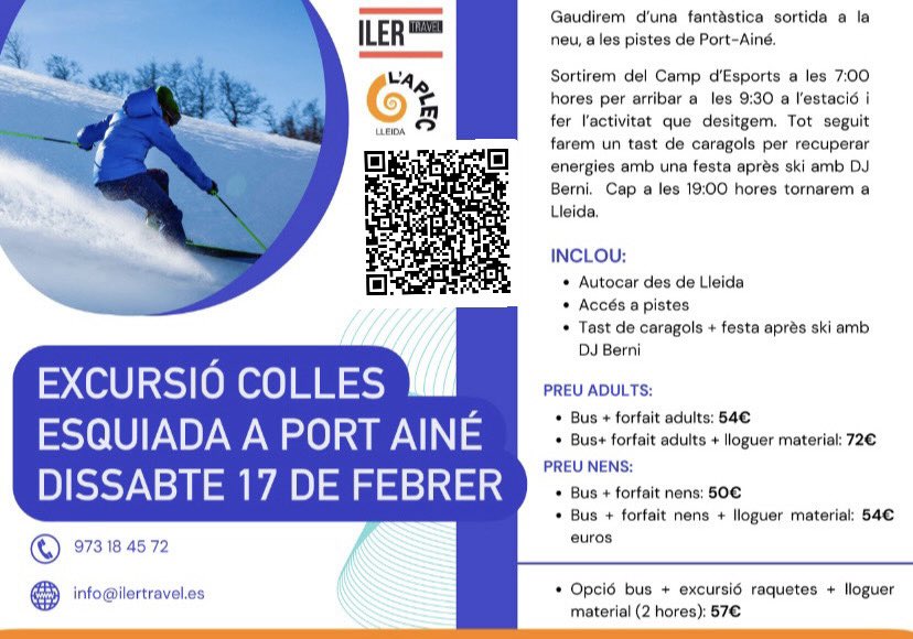 AplecCaragol's tweet photo. 17/2 #Esquiada #PortAiné
A P U N T A - T ’ H I !
Preus* #Fecoll
Esquí Adult/Infantil
🚌+⛷️ 54€/50€
=+ lloguer material 72€/54€
Excursió Raquetes
🚌 + lloguer material 57€
*Amb tots els paquets:
🐌 tastet caragols
🎉 festa Après Ski DJ Berni
+info https://t.co/lBQynx4ysD https://t.co/nQ8r9tEn6y