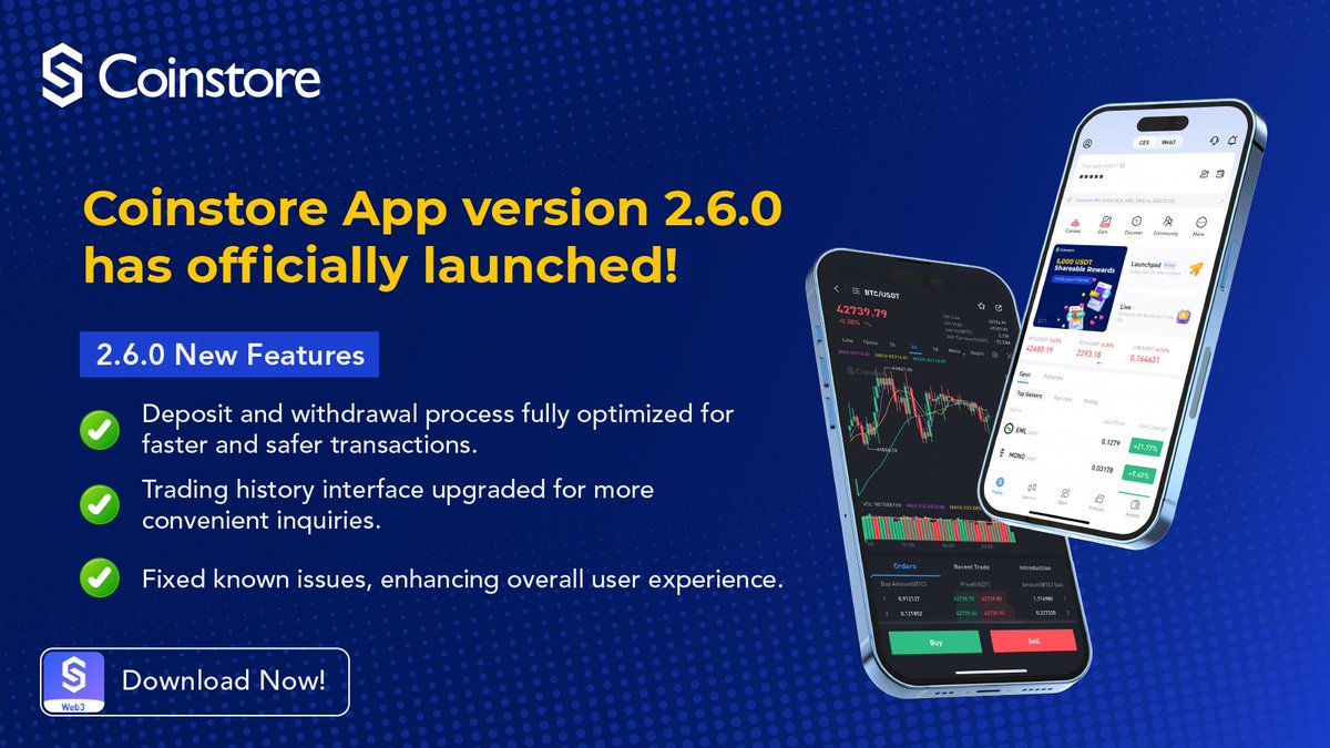 🔥🔥 Coinstore App v2.6.0 has landed with a bang🔥

✅Optimized deposits &amp; withdrawals
✅ Enhanced trading interface
✅ User experience improvements

Upgrade your trading game with the latest version.  Download! 🔽

#Blockchain #crypto #Coinstore #matic #EVM