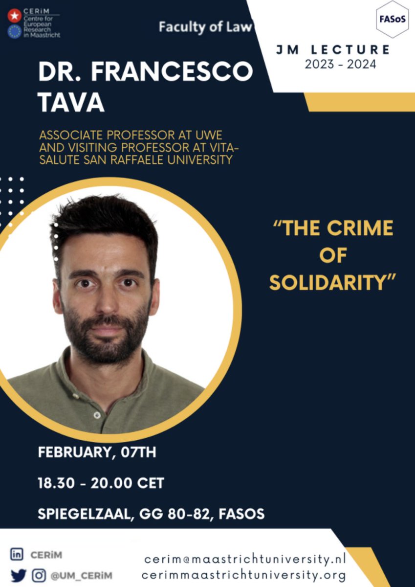 👉Tomorrow, <a href="/UM_CERiM/">CERiM</a> will have the pleasure to welcome Dr. Francesco Tava as their guest speaker for the 2nd Jean Monnet lecture of this academic year with the title “The Crime of Solidarity". Will we see you there? <a href="/fra_tava/">Francesco Tava</a> #jeanmonetlecture @fasosmaastricht