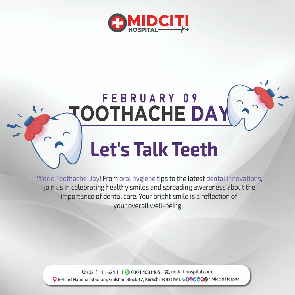 Midcitihosp's tweet photo. Today marks Toothache Day, a gentle reminder to appreciate the importance of dental health and the discomfort toothaches can bring.  Let's use this day to prioritize our oral hygiene, not just for the sake of our teeth, but for our overall well-being. https://t.co/L0QmjZJPrQ