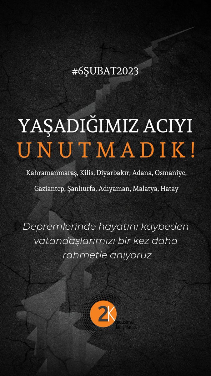 2kendustriyel_'s tweet photo. Yaşadığımız acıyı unutmadık!

Kahramanmaraş merkezli, 11 ilimizi derinden etkiyen depremlerde hayatını kaybeden vatandaşlarımızı birkez daha rahmetle anıyoruz..

#06subat2023 #unutmadık https://t.co/zo3H48MJ4E