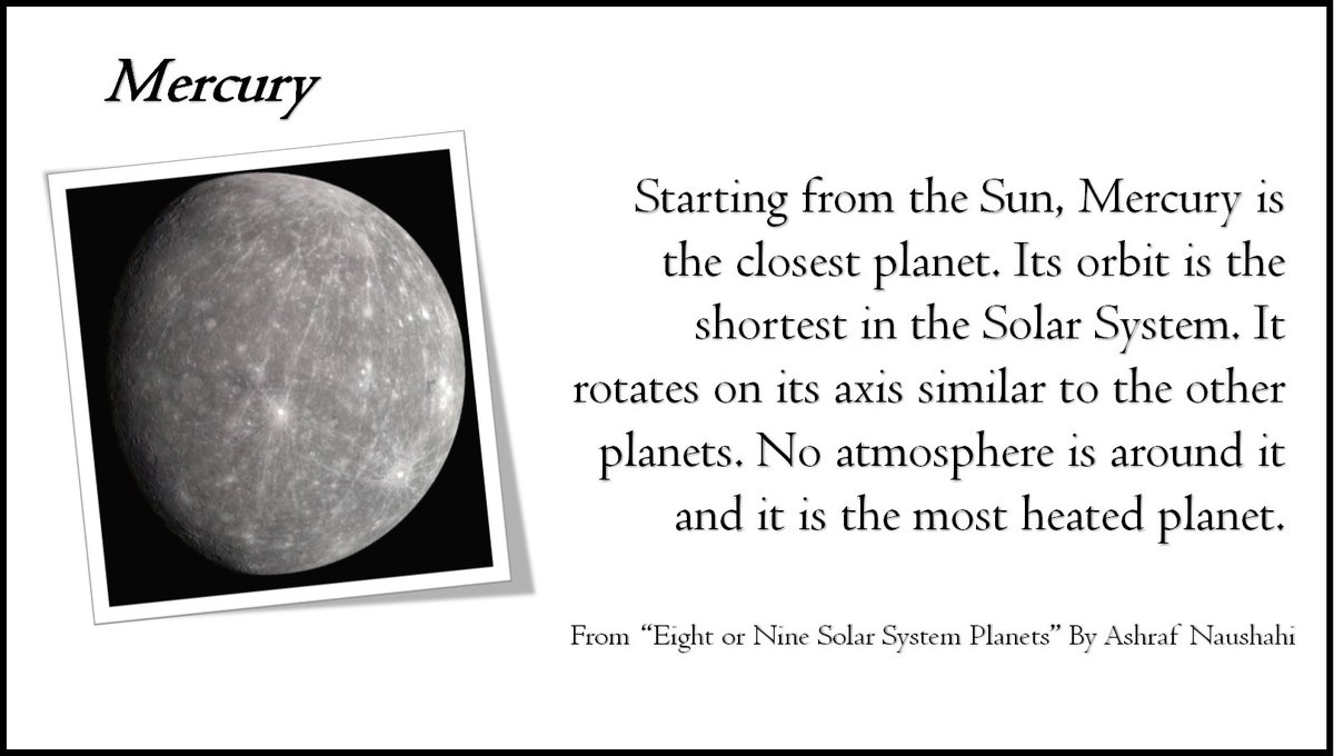 AshrafNaushahi's tweet photo. Starting from the Sun, Mercury is the closest planet. Its orbit is the shortest in the Solar System.
#Sun #Mercury #SolarSystem #Planets #Science #Astronomy #Orbit #Space #Physics #Technology #Discovery #History #Sciences #AstroPhysics #astrophysics_lover #Astrophotography #Arts https://t.co/gkmP36OZbJ