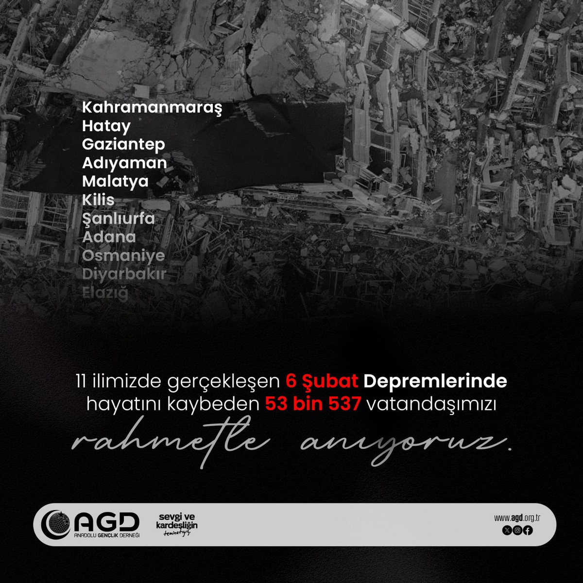 MuglaAGD's tweet photo. 6 Şubat’ta meydana gelen ve 11 ilimizi etkileyen depremlerde hayatını kaybeden tüm vatandaşlarımızın mekanı cennet, makamı âli olsun.

Rabbimiz, milletimize bir daha böyle acılar yaşatmasın. https://t.co/AwdKprkmHb