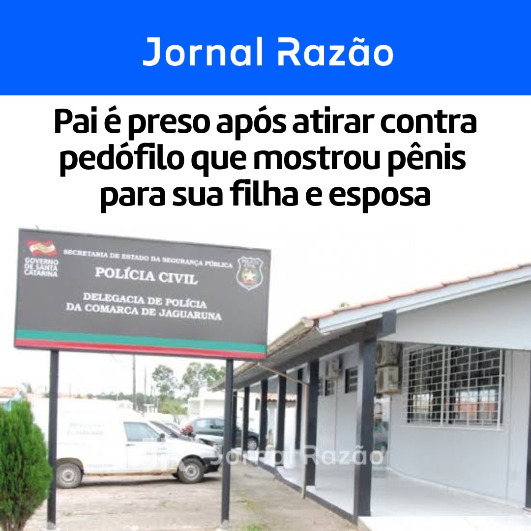 jornalrazao's tweet photo. 🚨🚔 Após flagrar indivíduo mostrando órgão sexual para sua filha, esposa e filho, homem se revoltou e, junto com a PM, saiu ‘na caça’ do pedófilo. Quando encontraram o meliante, o pai não se conteve e atirou contra o autor do crime. Ele acabou preso por tentativa de homicídio. Caso ocorreu nesta segunda-feira, no Sul de Santa Catarina. 

Siga @jornalrazao