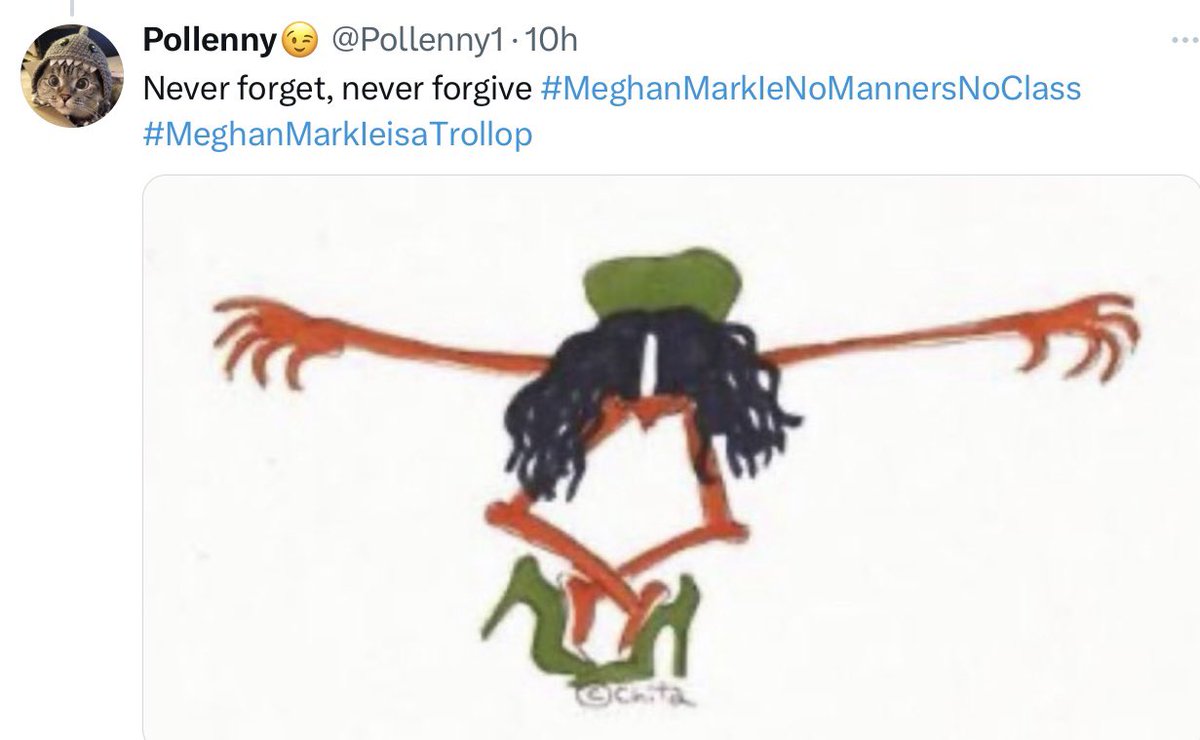 Pollenny1's tweet photo. Never forgive, never forget. While trashy markle disrespected our late queen, Harold sat there smirking and didn’t slap her down. Hes worse than markle because the target was his grandmother! #FOHarry https://t.co/qHKMkusCS9