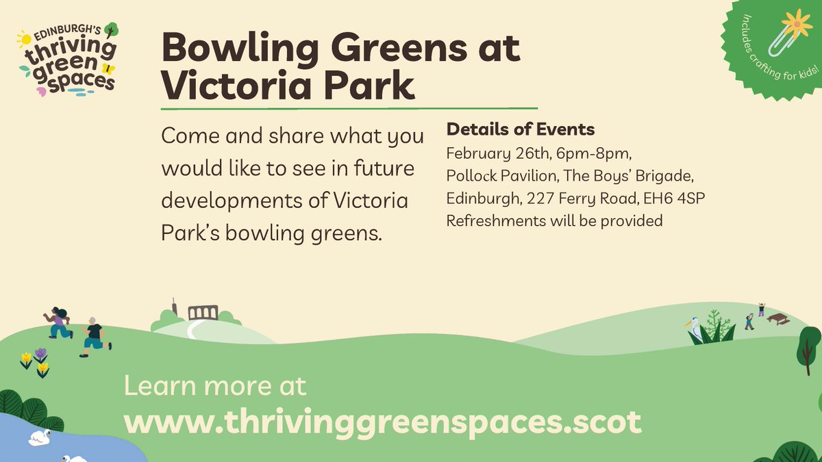 🌿 Victoria Park's Bowling Greens Consultation Workshop! 🌳 Come and talk with us at our in-person workshop! 📧Confirm your attendance by sending an email to thrivinggreenspaces@edinburgh.gov.uk.