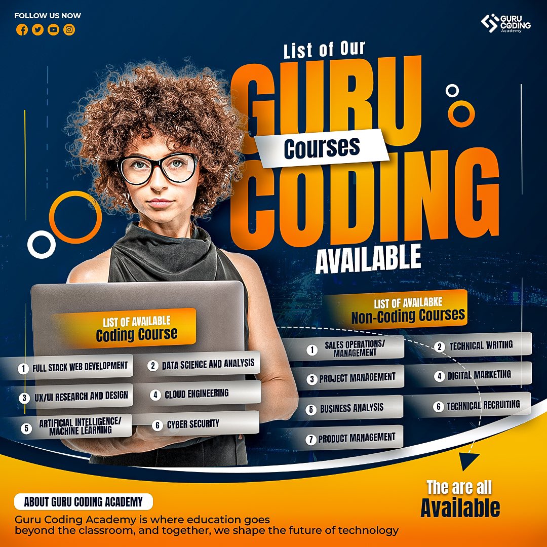 GuruCoding79278's tweet image. Here are the list of all our courses ranging from coding courses to non-coding courses. Send us a message now to get started #coding #codinglife #gurucodingacademy