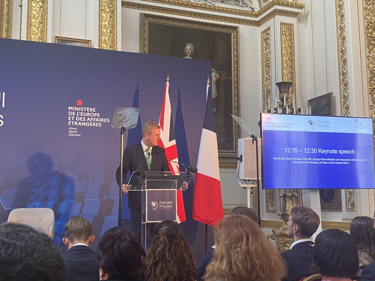 Rt Hon Oliver Dowden CBE MP. On stage giving his keynote on “Tackling the Proliferation and Irresponsible use of Commercial Cyber Intrusion Capabilities”