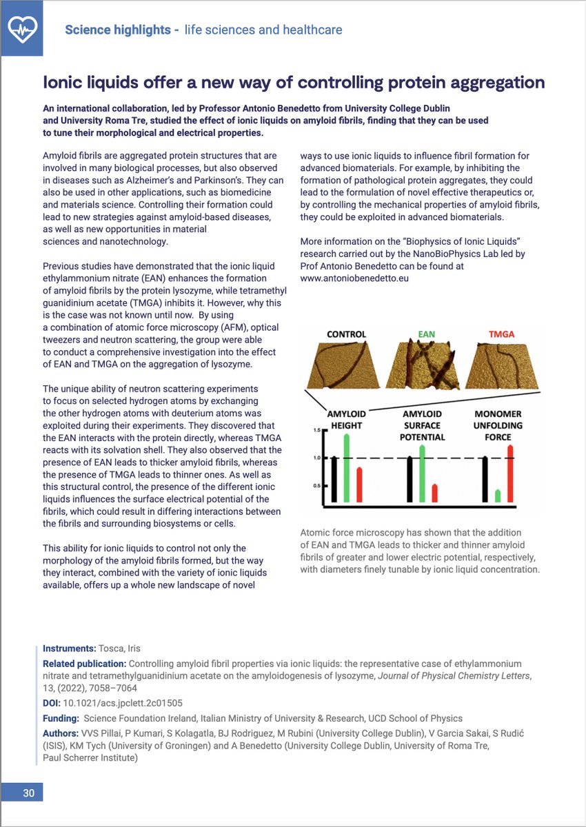 Our JPhysChemLett @JPhysChem work on the effects of #IonicLiquids on #Amyloidogenesis made the UK ISIS Neutron & Muon Source 'Annual Review 2023' @isisneutronmuon - check it out on page 30. @UCD_physics @UCD_Conway @ucdscience @Scienze_RomaTre @UnivRoma3 doi.org/10.1021/acs.jp…