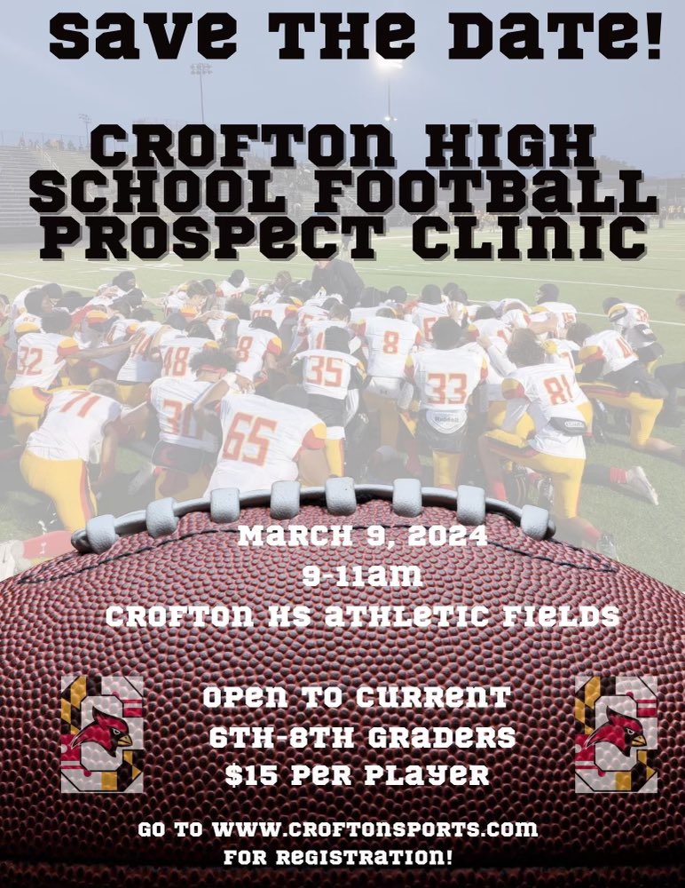 Crofton HS football is hosting a middle school prospect clinic for all interested middle schoolers. All abilities welcome! Register at Croftonsports.com 
<a href="/CroftonMSAACPS/">CroftonMSAACPS</a> <a href="/CroftonHigh/">Crofton High School AACPS</a> <a href="/CoachTSomm65/">Coach Sommerville</a>