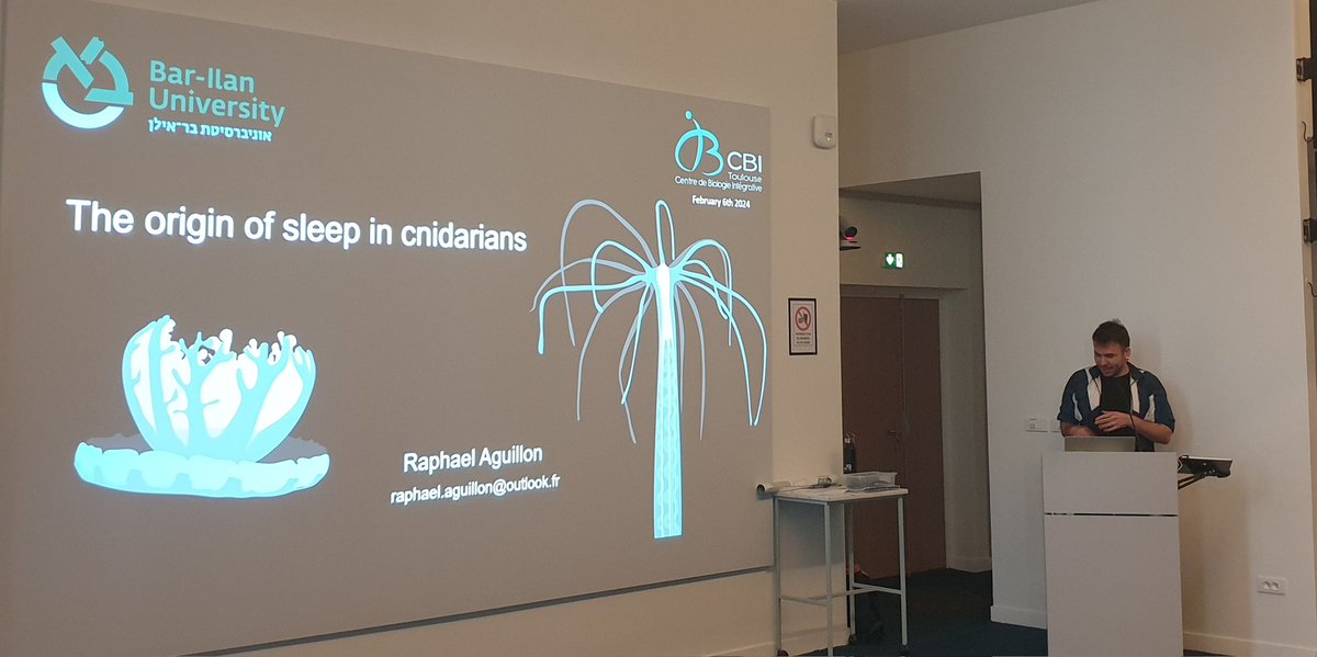 batut_julie's tweet photo. @CnidoRaph is giving a seminar @CbiToulouse on sleep in cnidarians : his work at the @BarIlanU with  @AppelbaumLab and @levy_lab and the support of @azrielifdn. So pleased to welcome him🤗 https://t.co/KGeWI92Eto