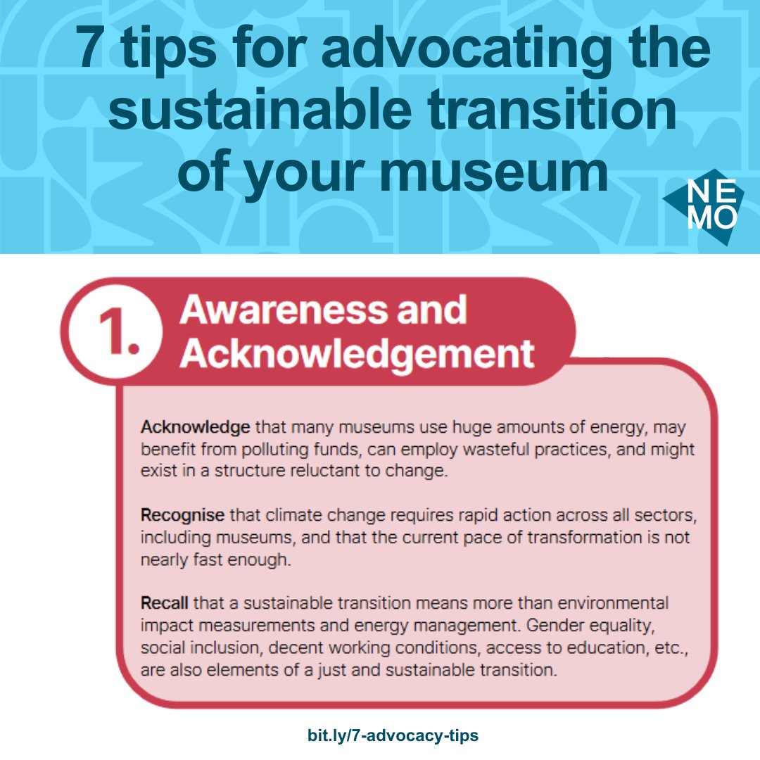 NEMOoffice's tweet photo. ‼️Our 7 tips support #museums to advocate for their own #sustainable transition.

🙌Tip 1 calls for acknowledgment of museums role in the climate crisis, recognition of the need for rapid action and the need for justness and equitability.

✨Get started 👉https://t.co/Kbm64TNFe5 https://t.co/455JPEzD25