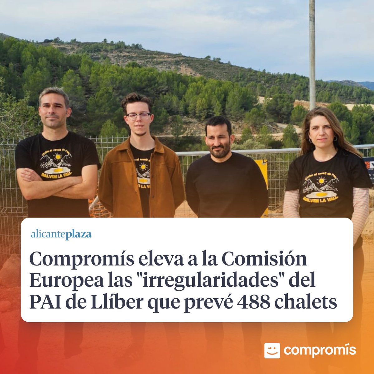 compromis's tweet photo. El PP de Mazón vol reprendre els 'pelotazos' urbanístics de Zaplana amb la construcció de 488 xalets de luxe que deixaran sense aigua potable a 6 pobles.

Denunciem a Europa este intent de la Generalitat de tornar a l'especulació. https://t.co/UWiHE7tfWT