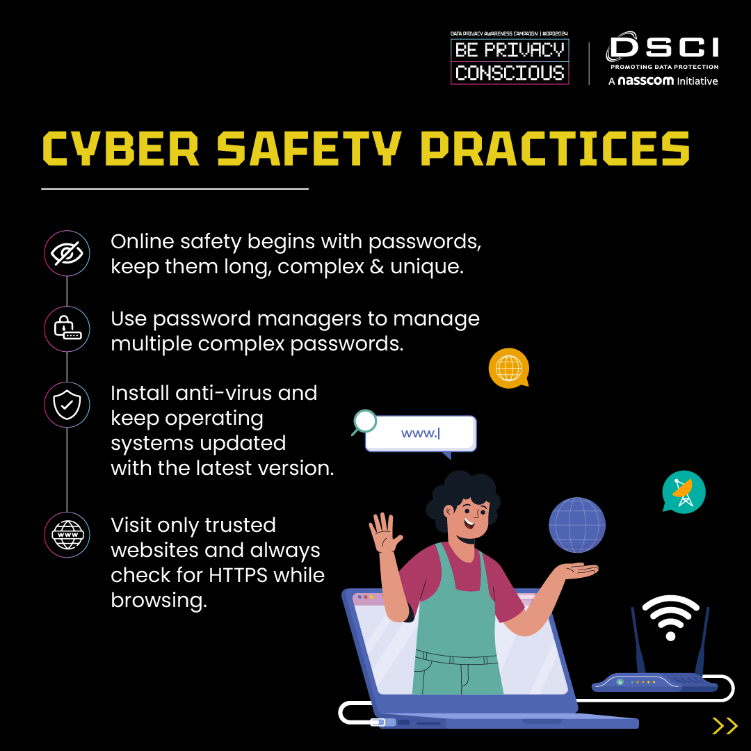 DSCI_Connect's tweet image. #SaferInternetDay2024 | Take charge of your online safety today! From privacy to cyber safety, digital payments to online safety for kids, know the essential tips to navigate the digital world securely. 

Explore our #DataPrivacy Awareness Campaign and access valuable awareness…