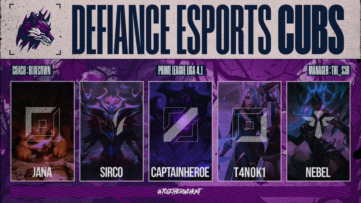 [DEFIANCE CUBS TEAMANNOUNCEMENT]

3/5 Spieler sind geblieben + coach
1/5 ist wieder zurück 
1/5 war früher ein Gegner 
 Damit dürfen wir euch die Defiance Cubs vorstellen 

⚔️ <a href="/Jana_loltop/">Jana</a> 
🌲 <a href="/Sirco_P/">Sirco</a> 
🧙‍♂️ <a href="/captain_heroe/">Justus</a> 
🔫 <a href="/lorkunz/">Lollenz</a> 
⛑️ <a href="/lol_nebeL/">Kind im nebeL</a> 
👨‍🏫 <a href="/bluecrwn/">Bluecrwn</a> 
💼 <a href="/The_S3B/">seb</a>