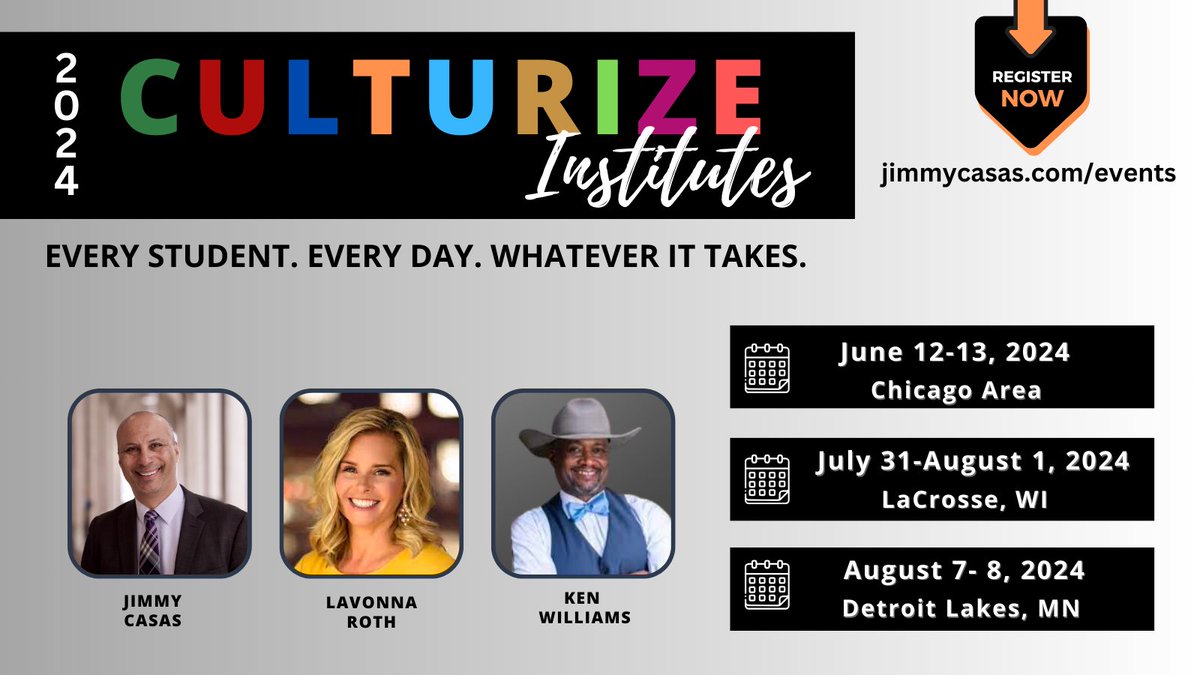 Join us for an unforgettable experience at one of the three Summer Culturize Institutes! Dive into transformative learning, connect with like-minded individuals, and elevate your skills. Register Now: jimmycasas.com/events