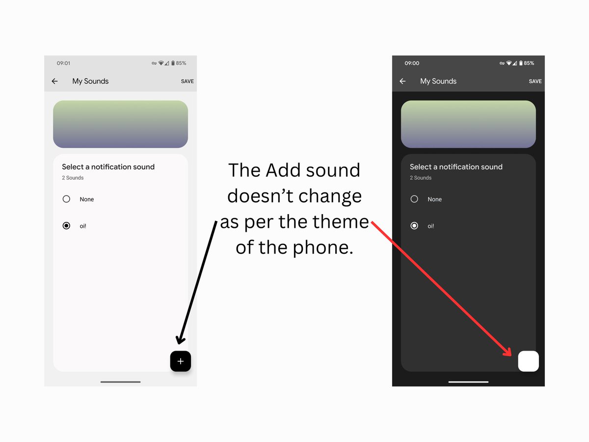 iambhuvan_19's tweet image. To see @madebygoogle poor attention to details is saddening.
The UI to add sound doesn&apos;t update with respect to the phone&apos;s UI 😞👎🏽

Massive respect to @nothing 🫡and I still love you my Pixel ❤️. 

#BetterTech #Design_for_Positive_Emotions