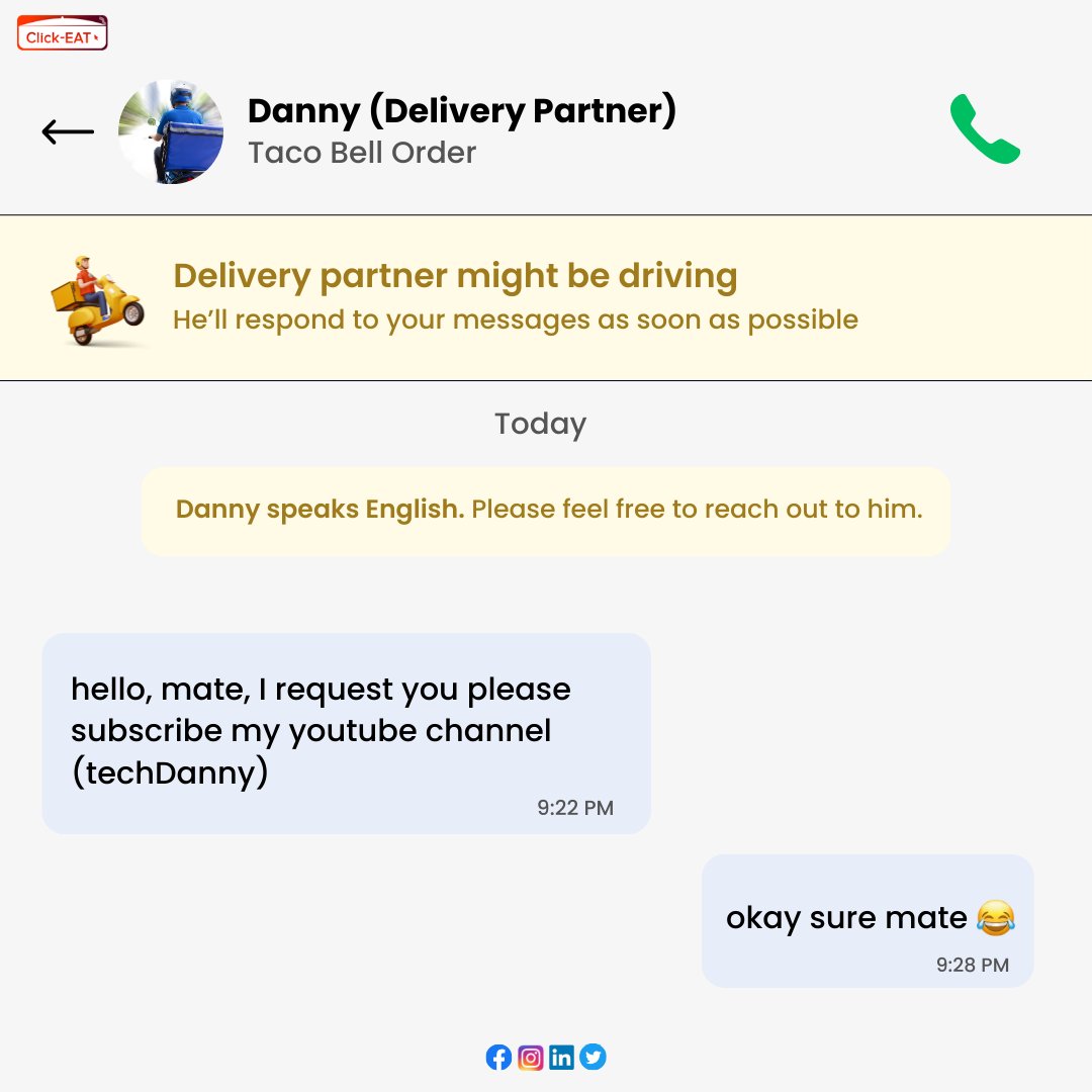 Based on true experiences.

Delivery partner is lit🔥like our features.
click-eat.co.uk 
#bookyourdine #dinewithclickeat #deliveryman #takeaway