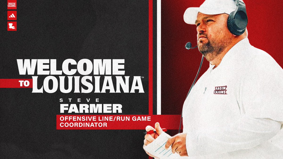Louisiana Raginโ Cajunsยฎ Football (@ragincajunsfb) on Twitter photo Welcome to ๐๐๐๐๐๐๐๐๐, <a href="/CoachSFarmer/">Coach Steve Farmer</a>!
Farmer brings 25 years of coaching experience and will serve as the programโs offensive line coach and run game coordinator!
๐ฐ: ragncaj.co/farmer
#cULture | #GeauxCajuns Welcome to ๐๐๐๐๐๐๐๐๐, <a href="/CoachSFarmer/">Coach Steve Farmer</a>!
Farmer brings 25 years of coaching experience and will serve as the programโs offensive line coach and run game coordinator!
๐ฐ: ragncaj.co/farmer
#cULture | #GeauxCajuns