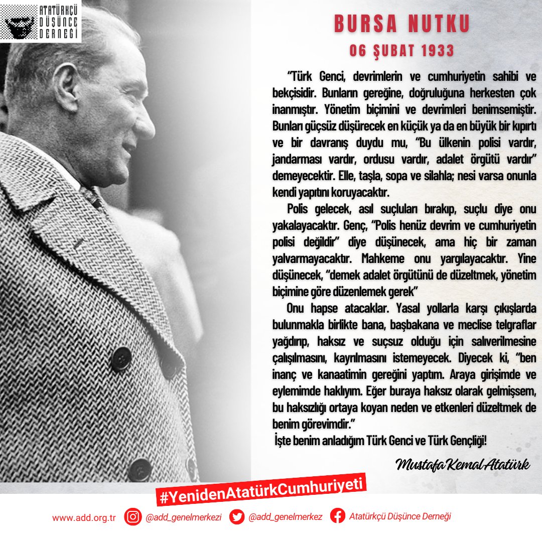 'Türk Genci, devrimlerin ve cumhuriyetin sahibi ve bekçisidir.”
Büyük Atatürk’e minnetle…
#BursaNutku