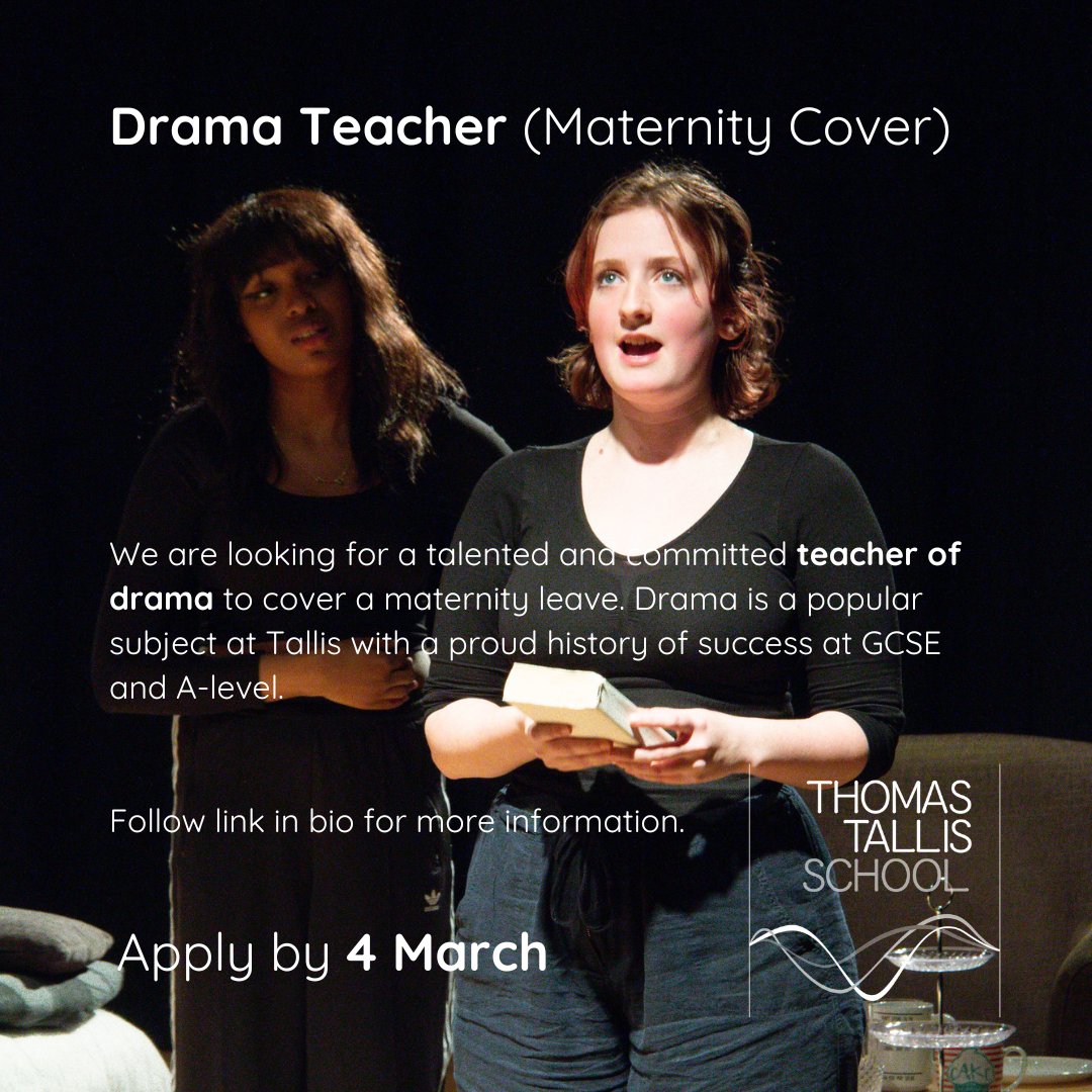 We are looking for a talented teacher of Drama to cover a maternity leave. Drama is a popular subject at Tallis with a proud history of success at GCSE and A-level. Come and work with us! tes.com/jobs/vacancy/-… Please share.