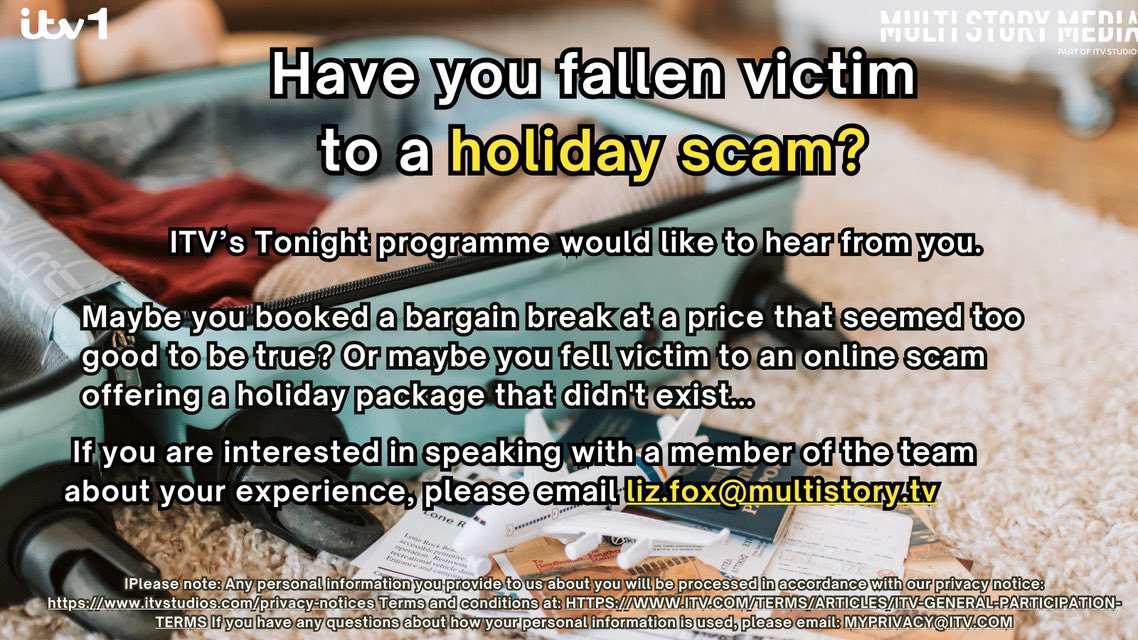 Have you fallen victim to a holiday scam? If so, we'd like to hear from you ✈️ Please get in touch with liz.fox@multistory.tv if you have #ITVTonight
